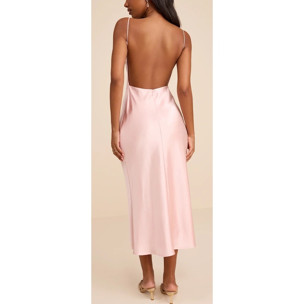 NWT Lulus Val Blush Satin Backless Midi Dress Date Night Cocktail Dress Size M